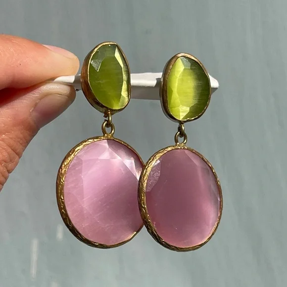 Pink and green stone Gold Drop dangle Earrings artisan vintage - Picture 6 of 11